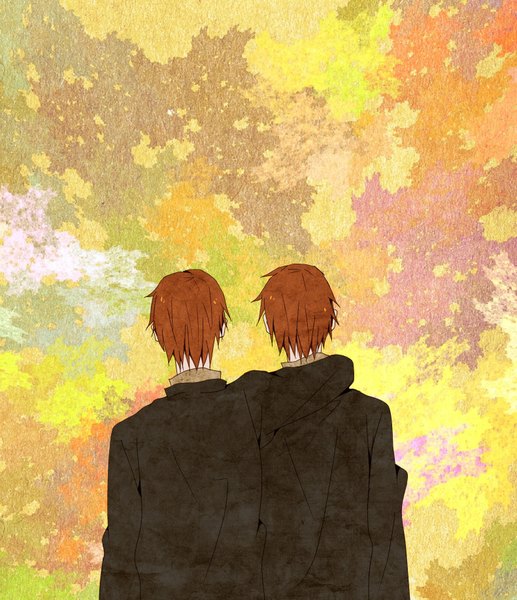 Anime picture 1581x1833 with harry potter fred weasley george weasley tall image short hair from behind orange hair boy shirt