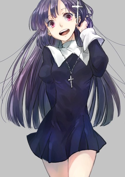 Anime picture 640x905 with kannagi zange migita single long hair tall image open mouth simple background looking away purple hair pink eyes grey background puffy sleeves adjusting hair arm behind back girl dress hairclip black dress cross