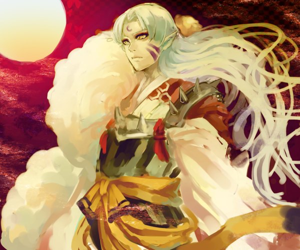 Anime picture 3000x2500 with inuyasha sesshomaru h@ruichi single long hair highres yellow eyes absurdres white hair pointy ears face paint demon boy armor