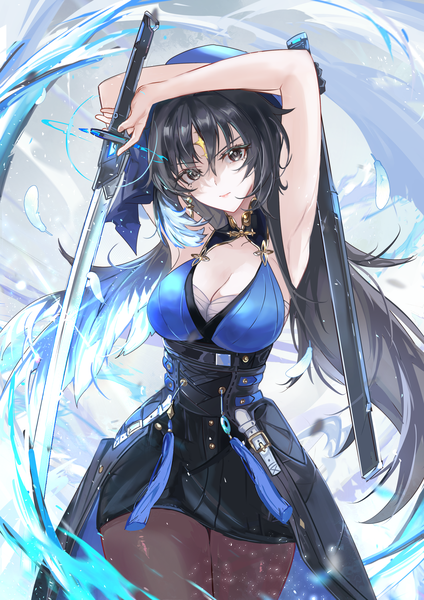Anime picture 2480x3507 with wuthering waves yangyang (wuthering waves) vardan single long hair tall image looking at viewer fringe highres breasts light erotic black hair hair between eyes large breasts standing cleavage head tilt black eyes mole arms up