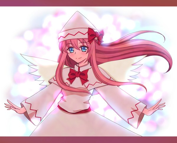 Anime picture 1350x1095 with touhou lily white pakapom (artist) single long hair looking at viewer fringe blue eyes smile hair between eyes payot pink hair upper body long sleeves wide sleeves spread arms angel wings girl dress bow