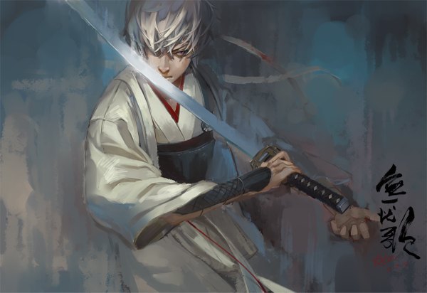 Anime picture 1200x825 with gintama sunrise (studio) sakata gintoki xiayu93 single fringe short hair simple background red eyes signed white hair traditional clothes hair over one eye hieroglyph boy ribbon (ribbons) weapon sword hairband armor