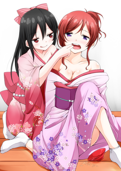 Anime picture 1200x1697 with love live! school idol project sunrise (studio) love live! nishikino maki yazawa nico sakuma shiiya (artist) long hair tall image blush short hair open mouth light erotic black hair red eyes purple eyes multiple girls red hair traditional clothes japanese clothes girl