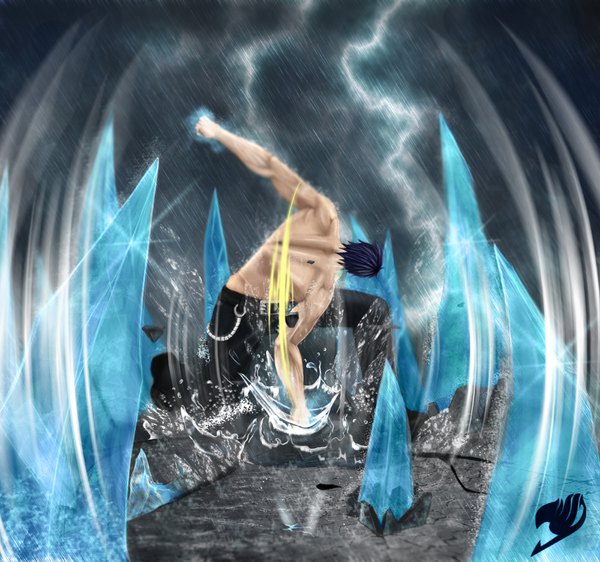 Anime picture 1600x1500 with fairy tail gray fullbuster air monger single short hair blue hair arm up grey background bare belly sparkle light rain bare back muscle lightning crack bad anatomy punch boy water