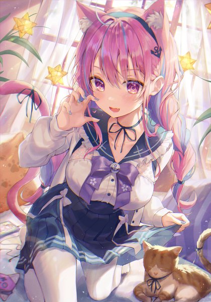 Anime picture 2098x3000 with virtual youtuber hololive minato aqua minato aqua (sailor) aibek single long hair tall image looking at viewer blush fringe highres breasts open mouth smile hair between eyes animal ears pink hair ahoge indoors