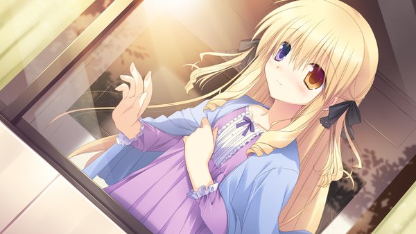 Anime picture 1280x720 with yumeiro alouette! long hair blush blonde hair wide image game cg heterochromia girl dress bow hair bow