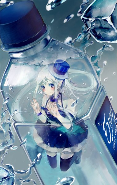 Anime picture 761x1200 with original bou shaku single long hair tall image looking at viewer twintails silver hair grey eyes symbol-shaped pupils minigirl swimming in bottle girl thighhighs dress hat water shoes water drop