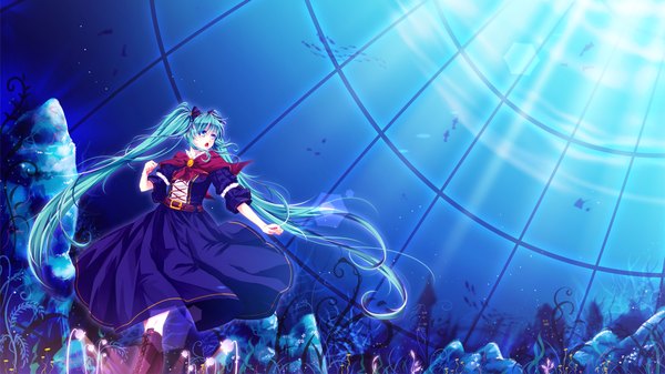 Anime picture 1747x982 with vocaloid hatsune miku mokoppe single highres open mouth wide image twintails very long hair aqua eyes aqua hair underwater girl dress flower (flowers) bow hair bow