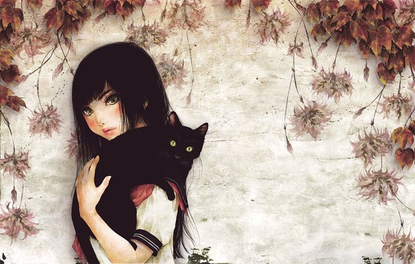 Anime picture 1280x816 with original enta shiho long hair blush black hair green eyes girl uniform flower (flowers) animal serafuku leaf (leaves) cat