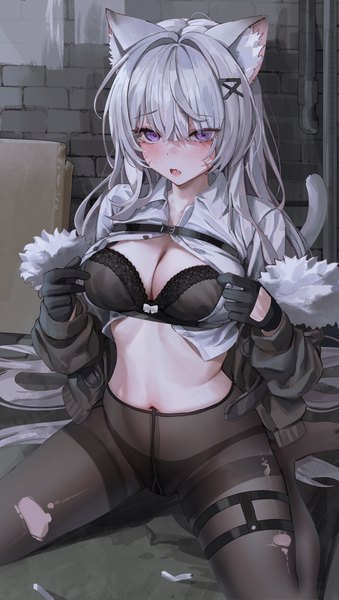 Anime picture 3900x6900 with original gompang 11 single tall image blush fringe highres breasts open mouth light erotic hair between eyes large breasts sitting purple eyes animal ears looking away absurdres cleavage silver hair bent knee (knees)
