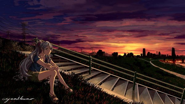 Anime picture 2304x1296 with vocaloid ia (vocaloid) single long hair fringe highres wide image sitting sky cloud (clouds) ponytail braid (braids) aqua eyes aqua hair alternate costume single braid evening sunset alternate hairstyle girl