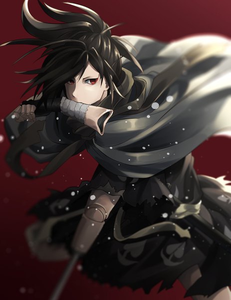 Anime picture 1200x1555 with dororo (tezuka) hyakkimaru (dororo) ju yan single long hair tall image looking at viewer fringe black hair simple background red eyes ponytail blurry floating hair mouth hold torn clothes red background covered mouth fighting stance boy