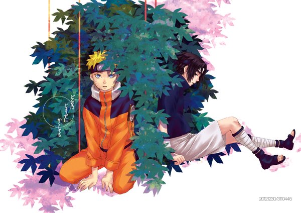 Anime picture 1403x992 with naruto studio pierrot naruto (series) uzumaki naruto uchiha sasuke looking at viewer short hair open mouth blue eyes black hair blonde hair looking away black eyes inscription multiple boys facial mark whisker markings jinchuriki boy leaf (leaves)