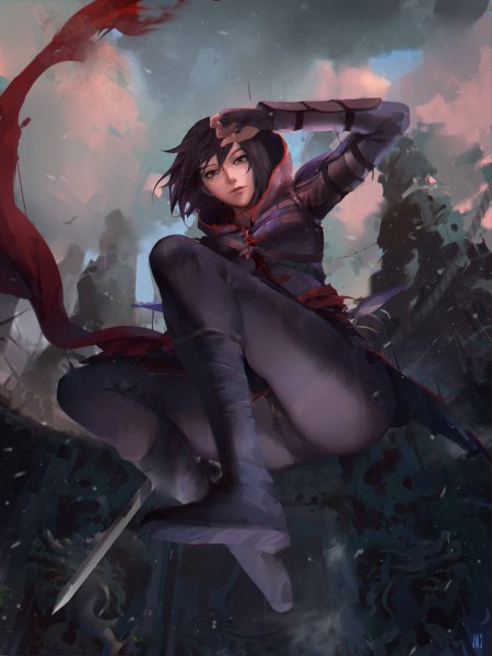 Anime picture 1800x2400 with assassin's creed (game) assassin's creed chronicles china shao jun jn3 single tall image looking at viewer highres short hair light erotic black hair brown eyes sky bent knee (knees) smoke jumping ruins assassin girl gloves