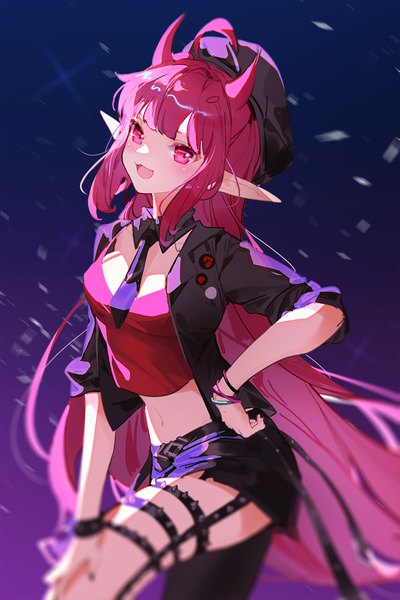 Anime picture 800x1200 with arknights vigna (arknights) vigna (black wave) (arknights) indai (3330425) single tall image looking at viewer fringe open mouth pink hair ahoge very long hair :d pink eyes horn (horns) pointy ears midriff hand on hip official alternate costume girl