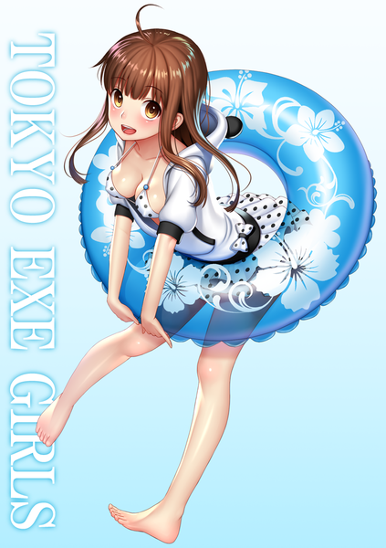 Anime picture 958x1360 with tokyo exe girls re:shimashima single long hair tall image looking at viewer blush breasts open mouth light erotic brown hair brown eyes barefoot inscription bare legs copyright name girl jacket bikini top swim ring