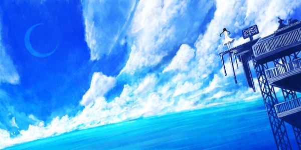 Anime picture 1600x800 with original bounin single long hair black hair wide image sky cloud (clouds) braid (braids) from behind twin braids blue background crescent girl sea sundress motorcycle