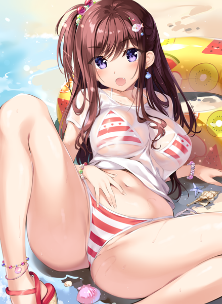 Anime picture 764x1043 with original oryou single long hair tall image looking at viewer blush fringe breasts open mouth light erotic smile hair between eyes brown hair large breasts purple eyes outdoors :d spread legs beach