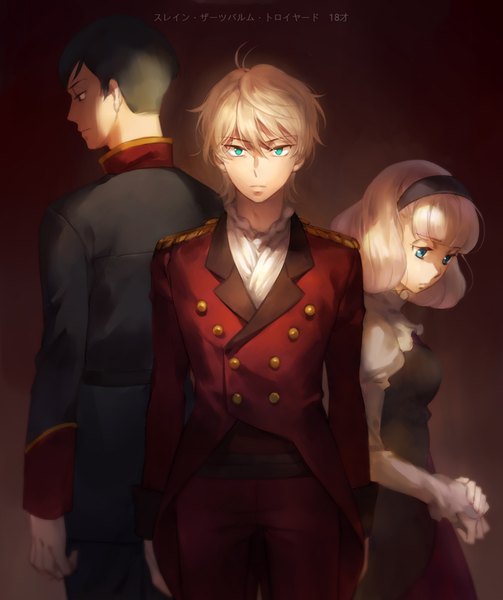 Anime picture 671x800 with aldnoah.zero a-1 pictures slaine troyard lemrina vers envers harklight kanmuri (hanyifan30338) tall image looking at viewer fringe short hair black hair simple background blonde hair hair between eyes standing green eyes looking away blunt bangs profile black eyes