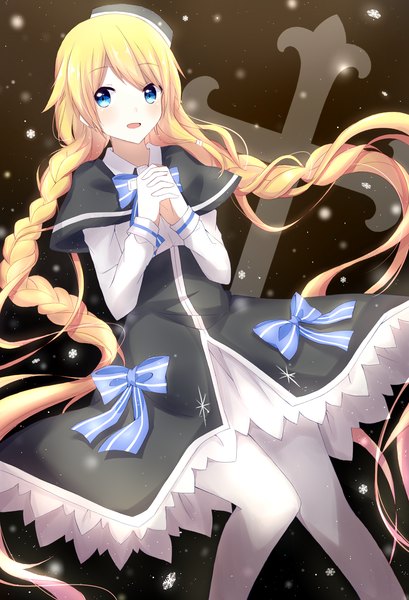 Anime picture 1500x2200 with original magi in wanchin basilica xiao ma perry meow single long hair tall image looking at viewer blush fringe open mouth blue eyes blonde hair smile standing bent knee (knees) braid (braids) dutch angle twin braids snowing