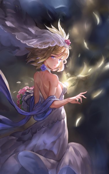 Anime picture 881x1400 with original ecien single tall image short hair blue eyes blonde hair standing bare shoulders looking away wind outstretched arm bare back expressionless glow girl dress flower (flowers) choker rose (roses)