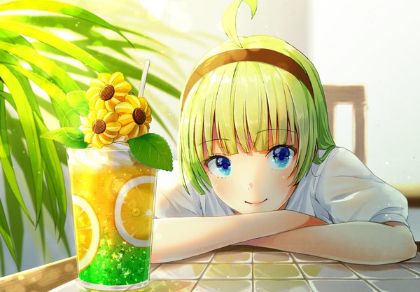 Anime picture 2048x1424 with idolmaster idolmaster million live! shimabara elena witoi (roa) single long hair looking at viewer fringe highres blue eyes smile ahoge blunt bangs green hair sunlight blurry crossed arms chin rest girl flower (flowers)