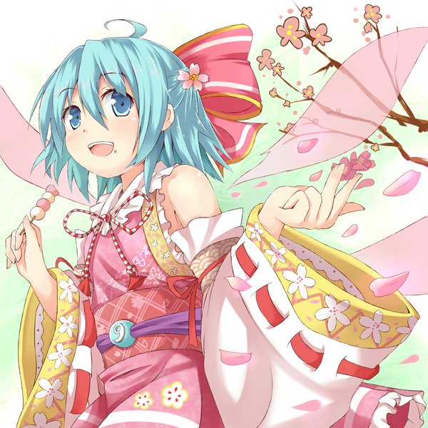 Anime picture 1100x1100 with touhou cirno efe single looking at viewer blush short hair open mouth blue eyes blue hair ahoge :d japanese clothes hair flower alternate costume cherry blossoms eating alternate wings girl hair ornament