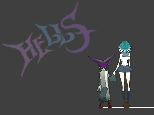 Anime picture 1280x960 with hells angels hells linne amagane stealer long hair short hair black hair simple background standing multiple girls purple hair from behind aqua hair inscription grey background couple back holding hands girl uniform
