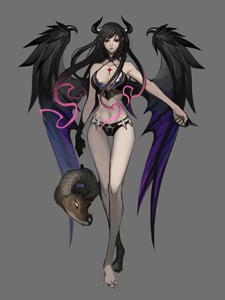 Anime picture 800x1067 with tyutii single long hair tall image breasts light erotic black hair simple background red eyes looking away horn (horns) lips pointy ears grey background legs demon girl walking girl navel wings