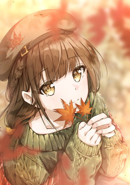 Anime picture 1764x2508 with original daidai (daidai826) single long hair tall image looking at viewer highres smile brown hair brown eyes long sleeves fingernails from above sleeves past wrists autumn girl leaf (leaves) sweater beret autumn leaves