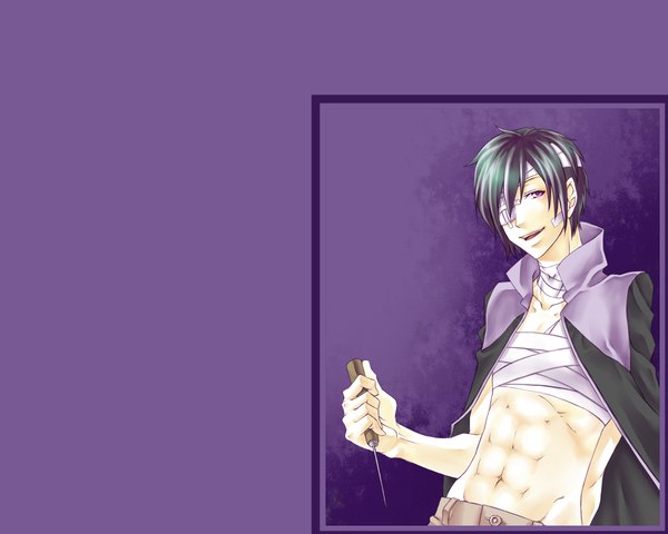 Anime picture 1200x960 with vocaloid taito (vocaloid) single short hair black hair simple background purple eyes purple background boy weapon bandage (bandages) eyepatch