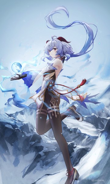 Anime picture 1600x2665 with genshin impact ganyu (genshin impact) mihaia single long hair tall image looking at viewer fringe hair between eyes red eyes signed blue hair full body ahoge horn (horns) twitter username outstretched arm low ponytail mountain girl