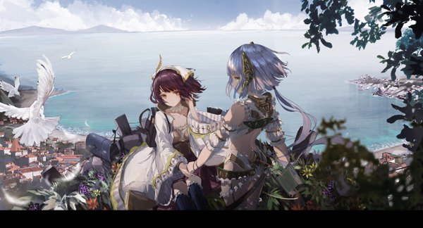 Anime picture 5000x2703 with atelier (series) atelier lydie & suelle gust (company) sophie neuenmuller plachta novelance long hair looking at viewer highres short hair red eyes brown hair wide image bare shoulders multiple girls green eyes blue hair looking away absurdres sky