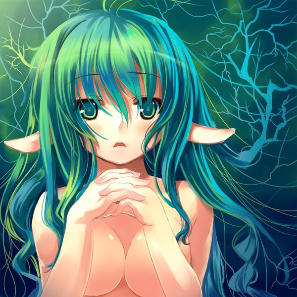 Anime picture 1600x1600 with matsukawa (pale scarlet) single long hair breasts light erotic green eyes green hair pointy ears portrait face girl