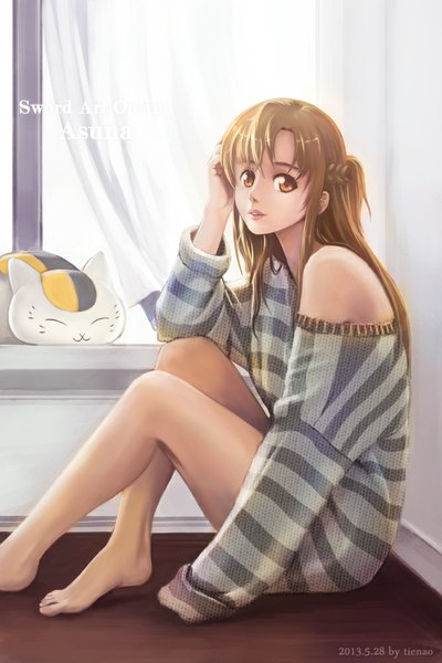 Anime picture 668x1000 with sword art online a-1 pictures yuuki asuna madara (nyanko-sensei) tienao single long hair tall image looking at viewer brown hair bare shoulders brown eyes barefoot legs girl sweater toy stuffed animal
