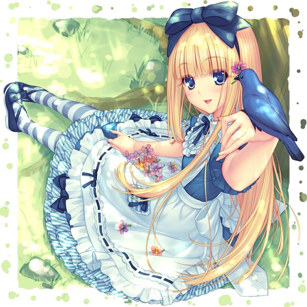 Anime picture 1000x1000 with alice in wonderland alice (wonderland) sayori single long hair looking at viewer blush fringe open mouth blue eyes blonde hair full body blunt bangs bird on hand girl dress flower (flowers) bow hair bow animal