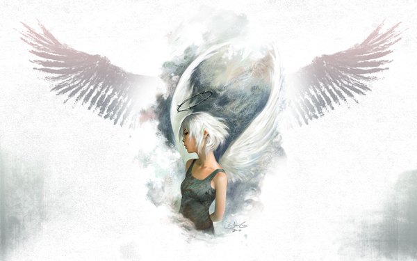 Anime picture 1680x1050 with original jason chan single short hair simple background wide image white background white hair profile angel girl wings halo