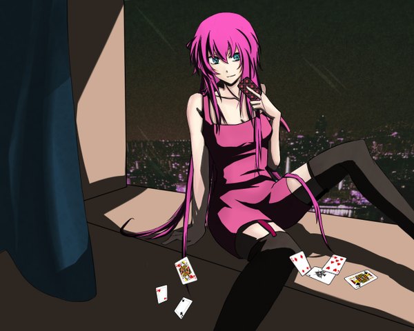 Anime picture 1280x1024 with vocaloid megurine luka long hair fringe smile sitting looking away pink hair aqua eyes alternate costume city cityscape girl thighhighs card (cards)