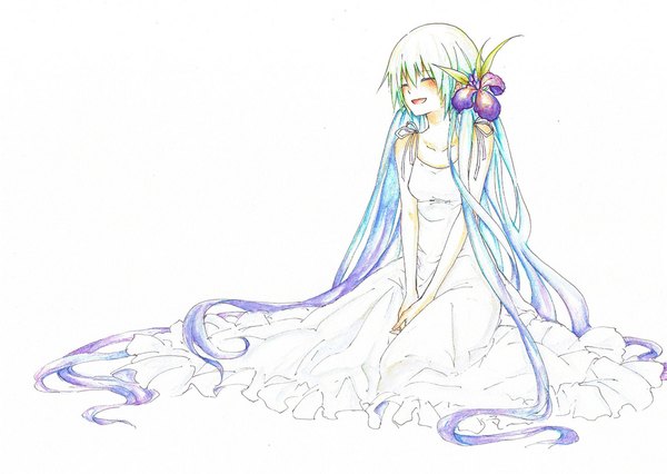Anime picture 1142x811 with vocaloid hatsune miku nekono mimiko (fleur-de-lis) single long hair blush open mouth smile white background sitting bare shoulders eyes closed very long hair multicolored hair hair flower drawing girl dress hair ornament white dress