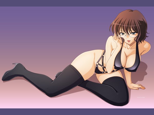 Anime picture 1600x1200 with mobile suit gundam mobile suit gundam 00 sunrise (studio) shirin bakhtiar tadano akira highres breasts light erotic smile brown hair grey eyes high heels erect nipples covered nipples thighhighs swimsuit bikini glasses shoes boots
