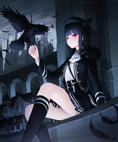 Anime picture 3918x4726 with original yuyo (i iuyo) single long hair tall image looking at viewer blush fringe highres black hair red eyes sitting absurdres cloud (clouds) bent knee (knees) outdoors blunt bangs long sleeves pleated skirt arm support