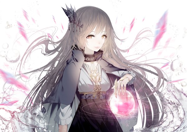 Anime picture 1532x1080 with original ajahweea single long hair fringe white background brown eyes looking away fingernails lips grey hair blurry sparkle floating hair magic pale skin girl skirt hair ornament choker
