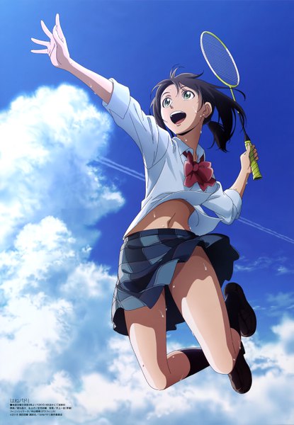 Anime picture 4092x5914 with hanebado! megami magazine hanesaki ayano tokumaru masahiro single long hair tall image highres open mouth light erotic black hair green eyes looking away absurdres sky cloud (clouds) full body ponytail :d scan