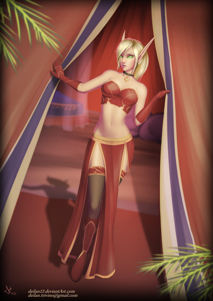 Anime picture 877x1240 with world of warcraft blizzard entertainment blood elf deilan12 (artist) single long hair tall image looking at viewer fringe breasts light erotic blonde hair bare shoulders green eyes lips pointy ears bare belly midriff elf girl