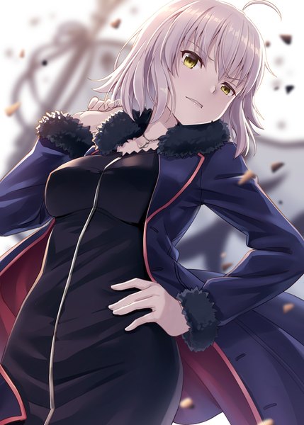 Anime picture 858x1200 with fate (series) fate/grand order jeanne d'arc (fate) (all) jeanne d'arc alter (fate) hyuuga azuri single tall image looking at viewer blush fringe short hair breasts hair between eyes standing yellow eyes silver hair ahoge parted lips head tilt arm up