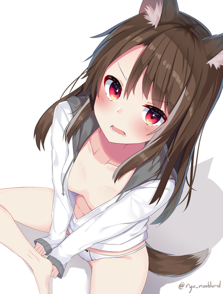 Anime picture 1139x1500 with original mizuki ryuu single long hair tall image looking at viewer blush fringe breasts open mouth light erotic simple background hair between eyes red eyes brown hair white background sitting signed animal ears tail
