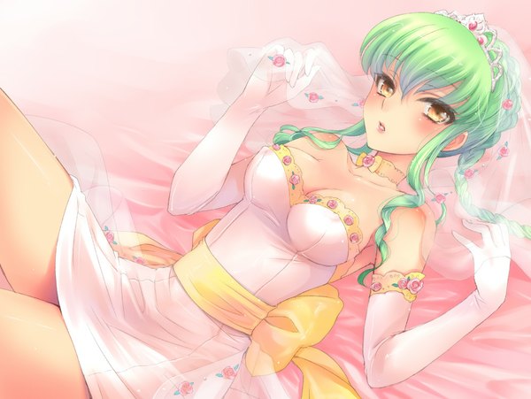 Anime picture 1000x753 with code geass sunrise (studio) c.c. mizunomoto single long hair looking at viewer blush fringe breasts yellow eyes green hair girl dress gloves elbow gloves wedding dress