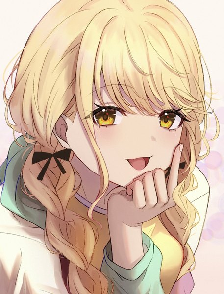 Anime picture 1033x1355 with idolmaster gakuen idolmaster fujita kotone dande cat single long hair tall image looking at viewer open mouth blonde hair yellow eyes payot upper body braid (braids) :d twin braids girl bow hair bow