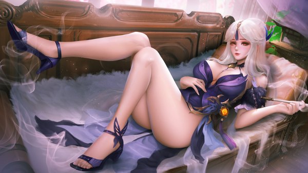 Anime picture 5476x3080 with genshin impact ningguang (genshin impact) ningguang (orchid's evening gown) (genshin impact) turewindwalker single long hair looking at viewer fringe highres breasts light erotic wide image large breasts holding absurdres cleavage full body bent knee (knees) white hair indoors