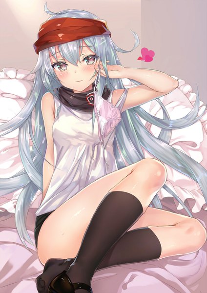 Anime picture 1000x1414 with girls frontline g11 (girls frontline) aimee (origin) single long hair tall image looking at viewer blush fringe breasts light erotic hair between eyes sitting holding blue hair silver hair ahoge bent knee (knees) light smile arm support